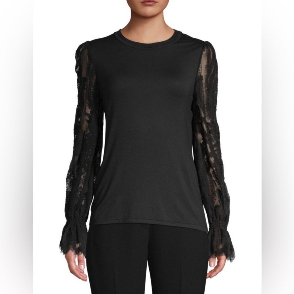 Elie Tahari Hamani Lace-Sleeve Sweater in Black. Size M.